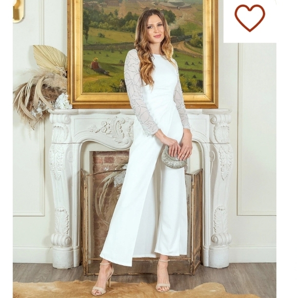MARINA Embellished Long Sleeve Pleated Waist Stretch Crepe Jumpsuit Ivory Size 6 - Picture 1 of 7